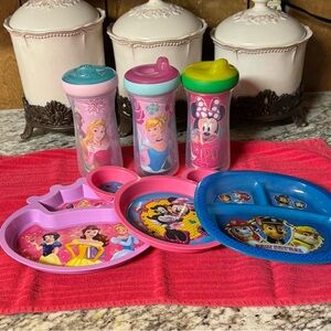 Disney Princess & Character Kids Sippy Cups & Plates, one plate is Paw Patrol